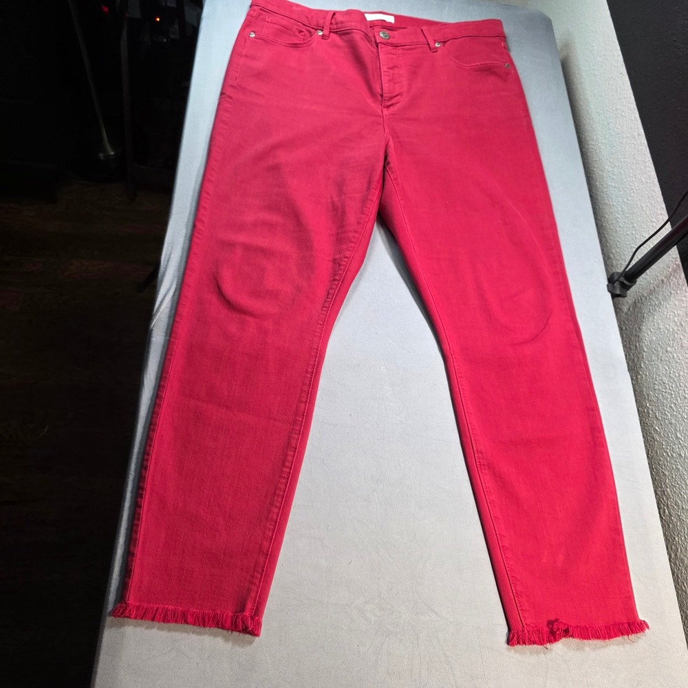 LOFT Red/Pink Skinny Jeans Raw Fringe Hem High Rise Size 14 (32) Slim Denim - Picture 4 of 11